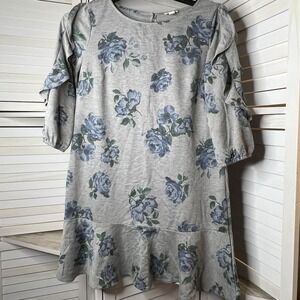 Westport Women's Tunic Dress Medium Gray Blue Floral‎ Ruffle Sleeve Casual EUC